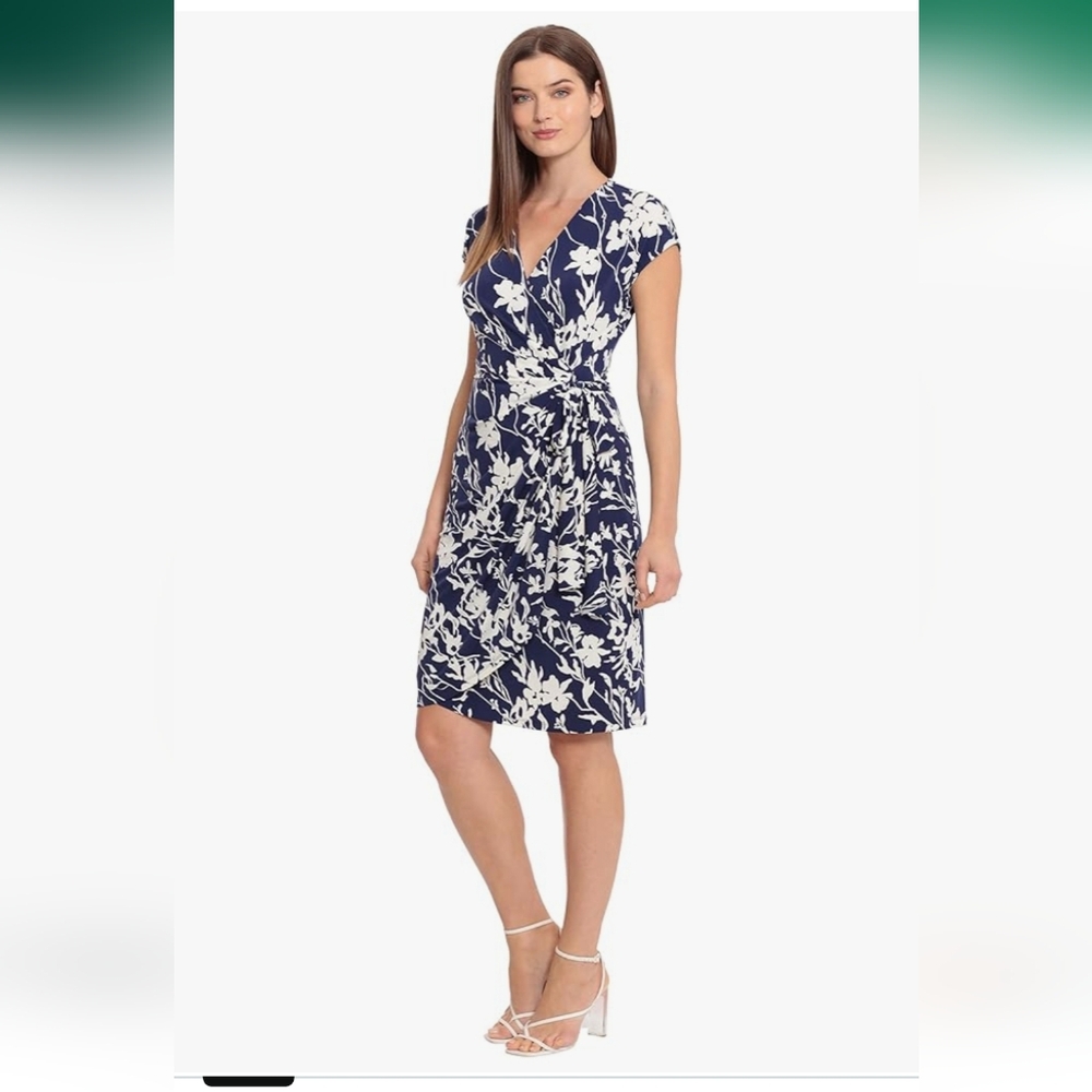 Maggy London Navy Ivory Floral Print Faux Wrap Dress 12 Nwt New